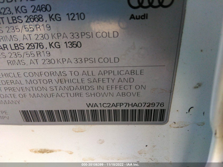 VIN WA1C2AFP7HA072976 2017 AUDI Q5 PREMIUM