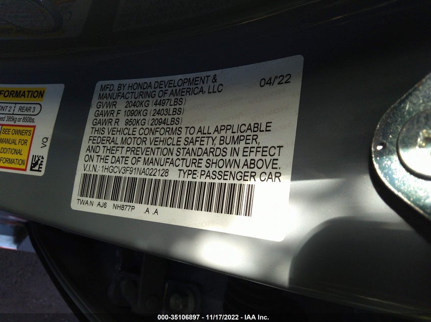 VIN 1HGCV3F91NA022128 2022 HONDA ACCORD HYBRID TOURING