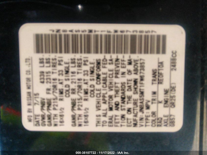 2015 NISSAN ROGUE SELECT S JN8AS5MT1FW673857