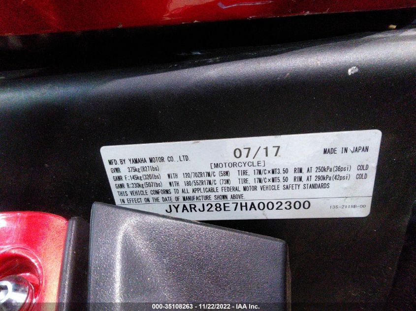 2017 YAMAHA YZFR6 JYARJ28E7HA002300