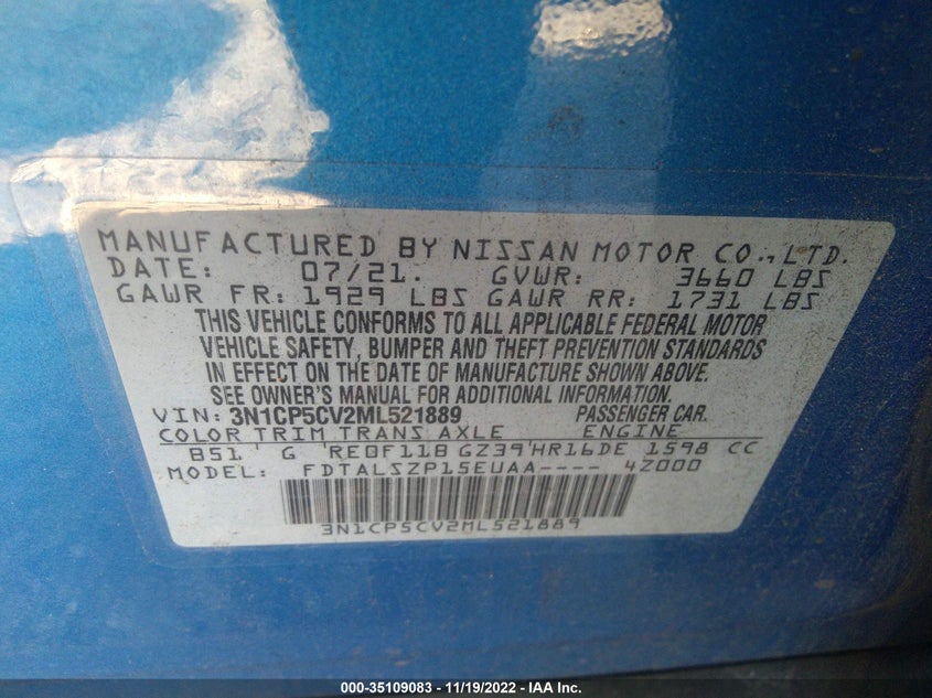 VIN 3N1CP5CV2ML521889 2021 NISSAN KICKS SV