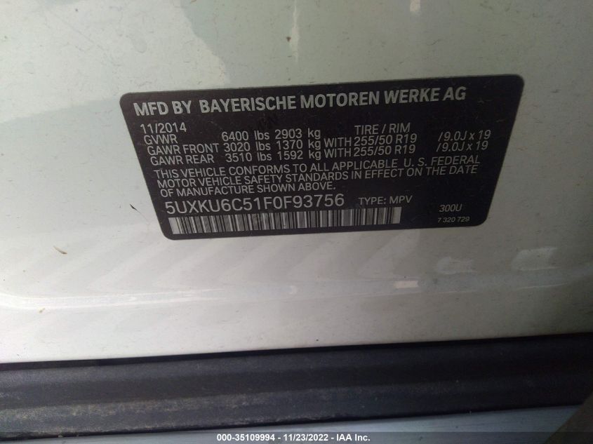 2015 BMW X6 XDRIVE50I 5UXKU6C51F0F93756