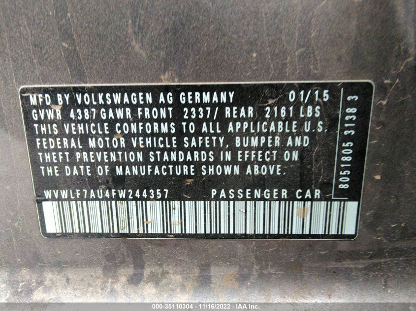 2015 VOLKSWAGEN GOLF R WVWLF7AU4FW244357