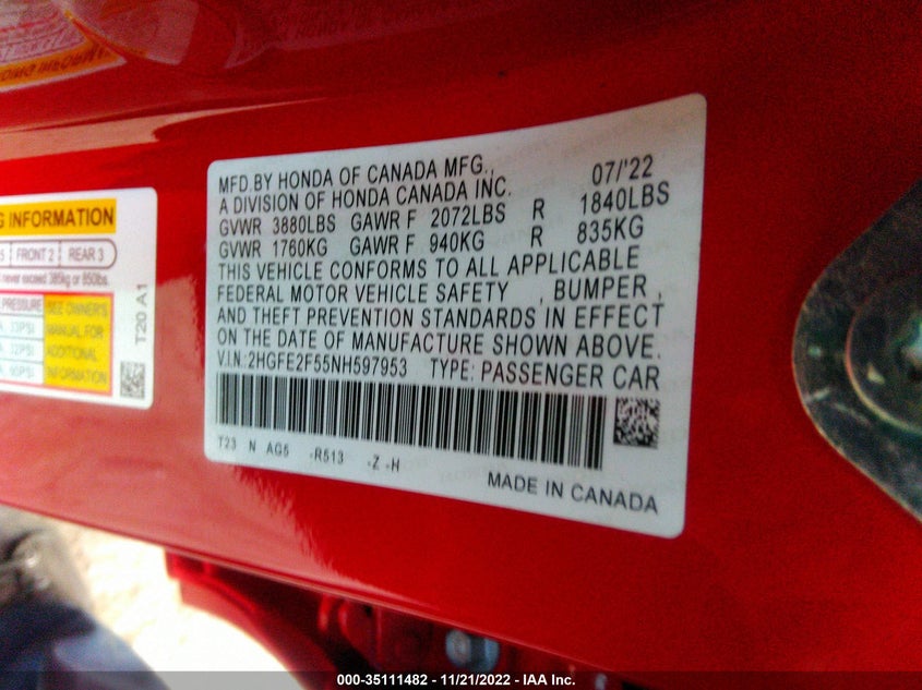 VIN 2HGFE2F55NH597953 2022 HONDA CIVIC SEDAN SPORT