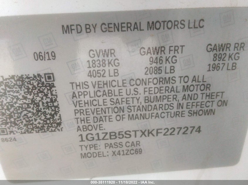 VIN 1G1ZB5STXKF227274 2019 CHEVROLET MALIBU LS