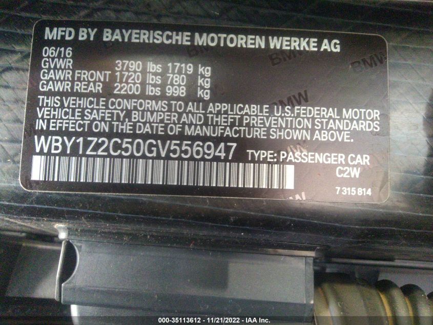 2016 BMW I3 WBY1Z2C50GV556947