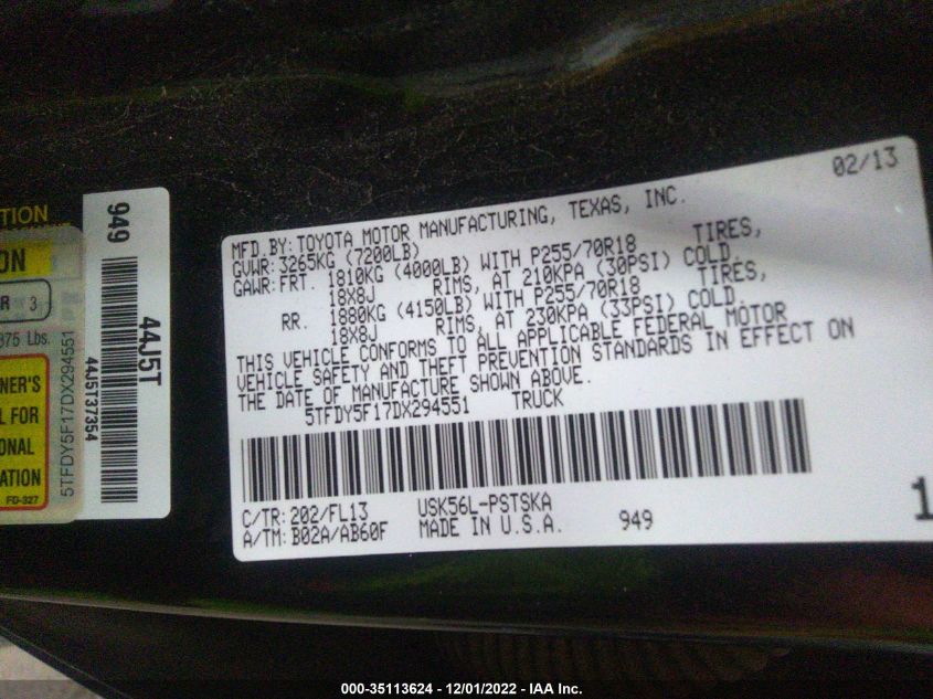 2013 TOYOTA TUNDRA 4WD TRUCK 5TFDY5F17DX294551