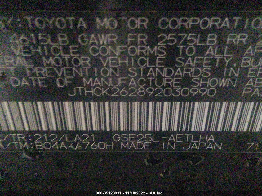 2009 LEXUS IS 250 VIN: JTHCK262892030990