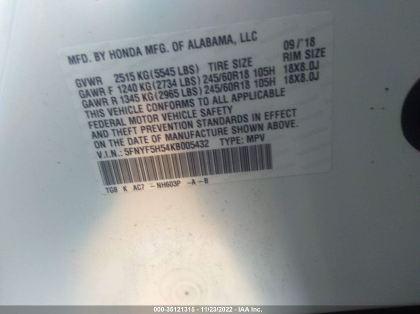 VIN 5FNYF5H54KB005432 2019 HONDA PILOT EX-L