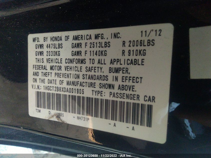 2013 HONDA ACCORD CPE EX-L 1HGCT2B8XDA001905