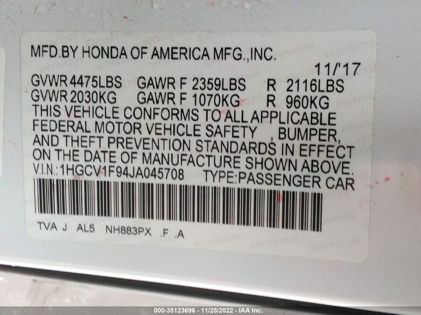 VIN 1HGCV1F94JA045708 2018 HONDA ACCORD SEDAN TOURING 1.5T