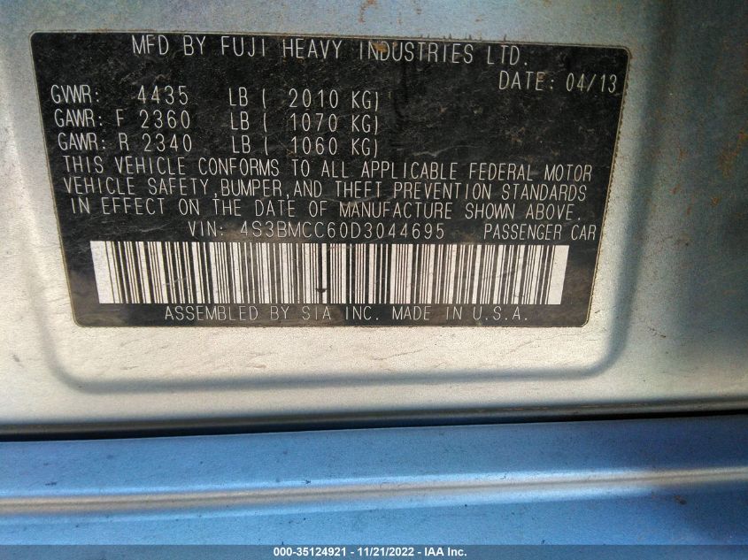 2013 SUBARU LEGACY 2.5I PREMIUM 4S3BMCC60D3044695