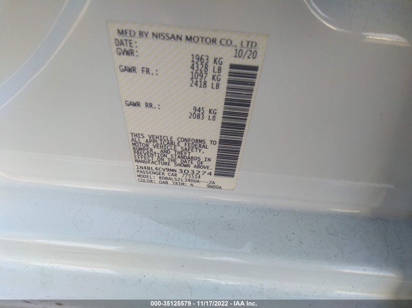 VIN 1N4BL4CV9MN303274 2021 NISSAN ALTIMA 2.5 SR
