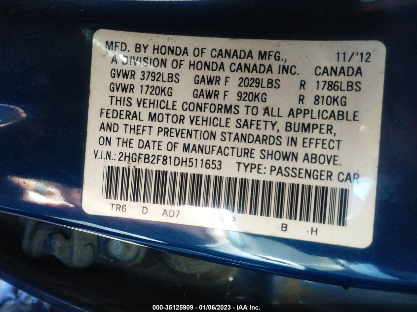 2013 HONDA CIVIC SDN EX 2HGFB2F81DH511653