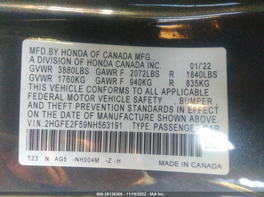 VIN 2HGFE2F59NH563191 2022 HONDA CIVIC SEDAN SPORT