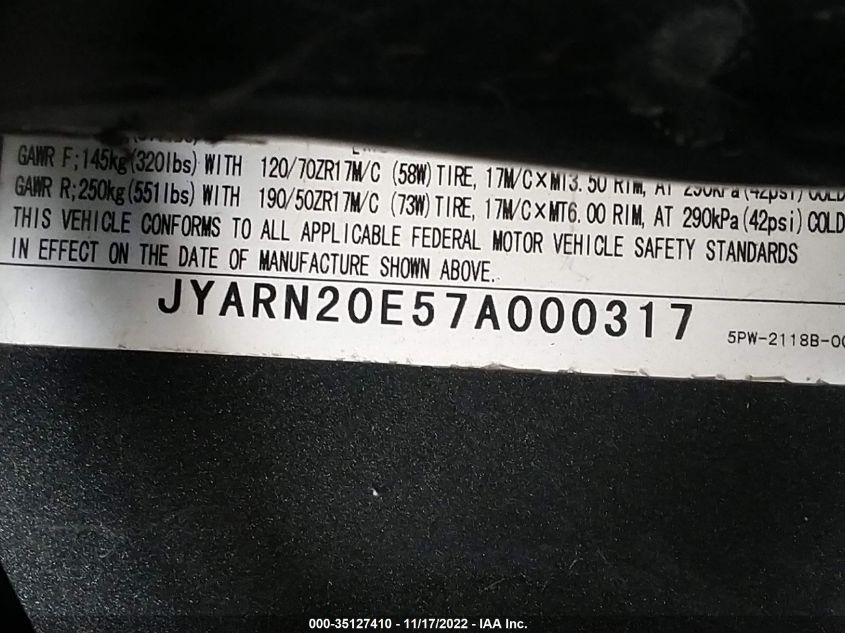 2007 YAMAHA YZFR1 JYARN20E57A000317