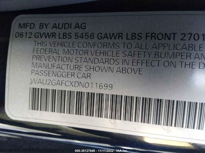 2013 AUDI A7 3.0 PRESTIGE WAU2GAFCXDN011699