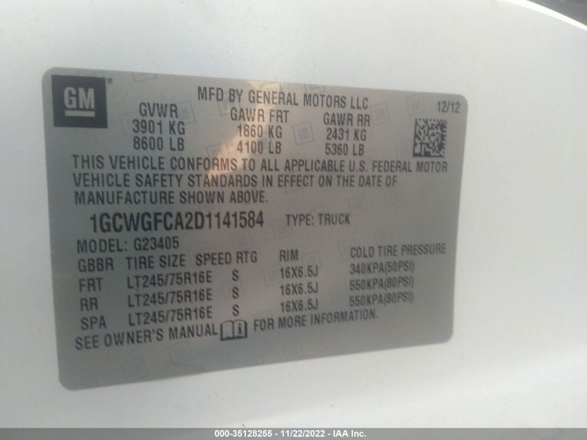 2013 CHEVROLET EXPRESS 2500 WORK VAN 1GCWGFCA2D1141584