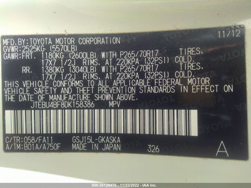 2013 TOYOTA FJ CRUISER JTEBU4BF8DK158386