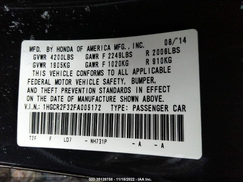 2015 HONDA ACCORD SEDAN LX 1HGCR2F32FA005172