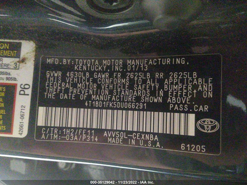 2013 TOYOTA CAMRY HYBRID LE/XLE 4T1BD1FK5DU066291