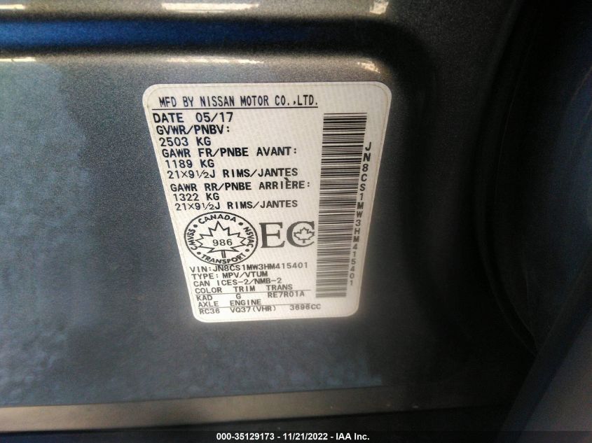 2017 INFINITI QX70 JN8CS1MW3HM415401