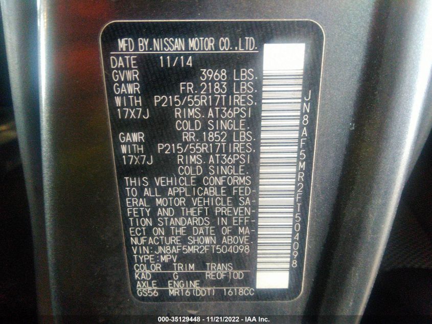 2015 NISSAN JUKE SL/SV/S/NISMO JN8AF5MR2FT504098