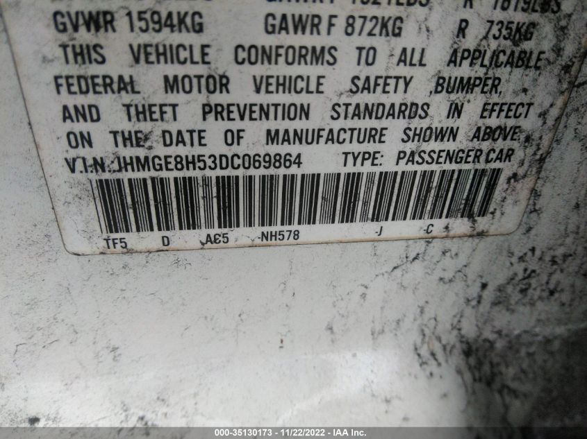 2013 HONDA FIT SPORT - JHMGE8H53DC069864