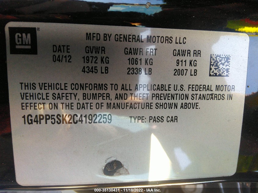 2012 BUICK VERANO VIN: 1G4PP5SK2C4192259