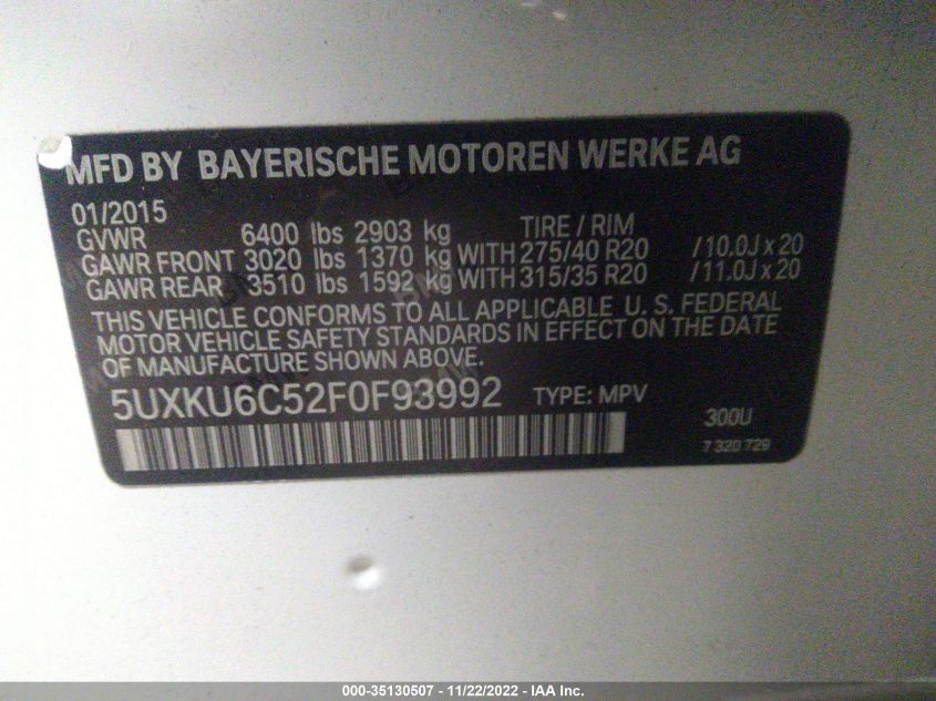 2015 BMW X6 XDRIVE50I 5UXKU6C52F0F93992