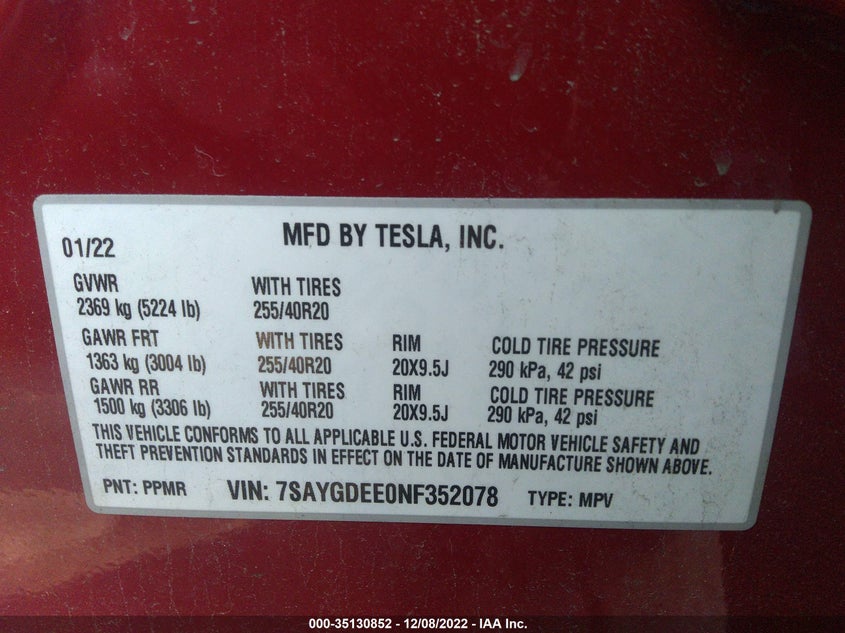 VIN 7SAYGDEE0NF352078 2022 TESLA MODEL Y LONG RANGE
