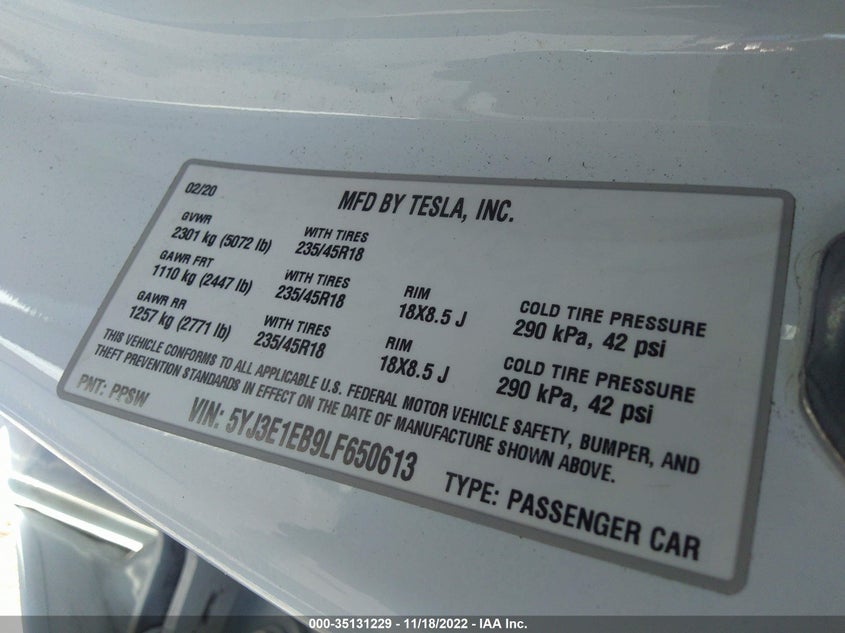 VIN 5YJ3E1EB9LF650613 2020 TESLA MODEL 3 LONG RANGE