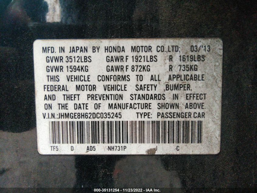 2013 HONDA FIT SPORT JHMGE8H62DC035245