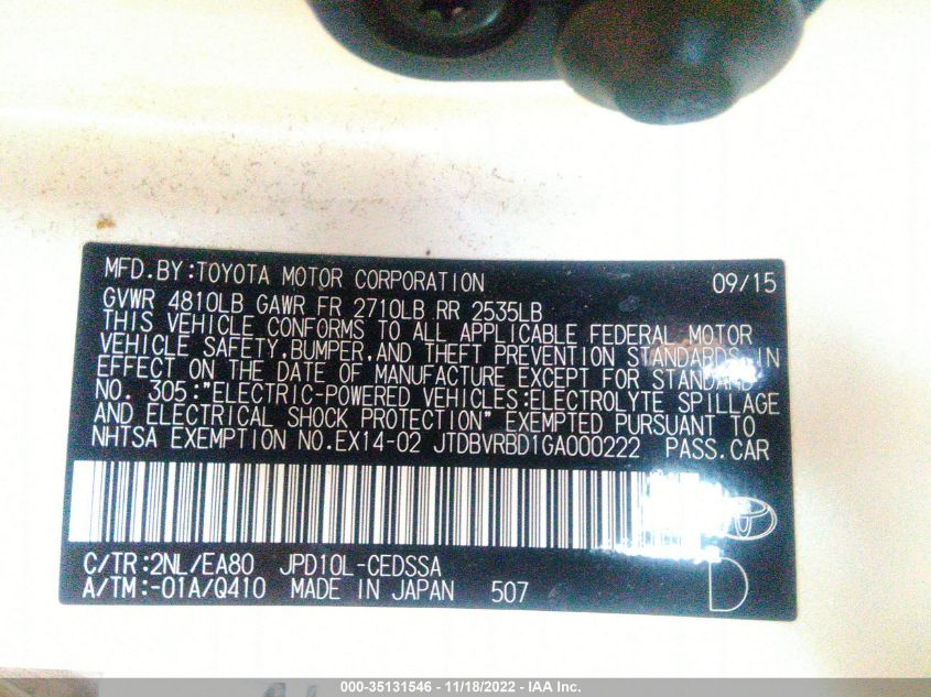 2016 TOYOTA MIRAI JTDBVRBD1GA000222