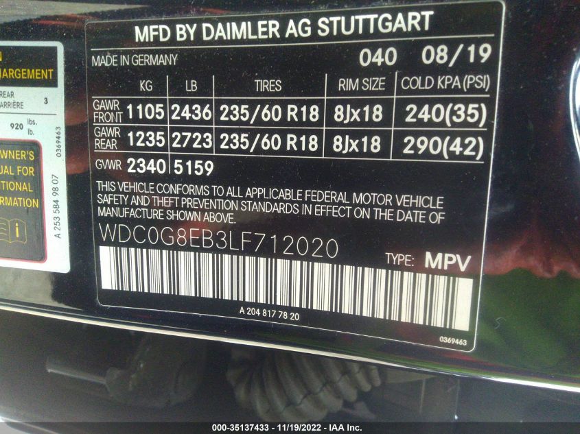 2020 MERCEDES-BENZ GLC GLC 300 WDC0G8EB3LF712020