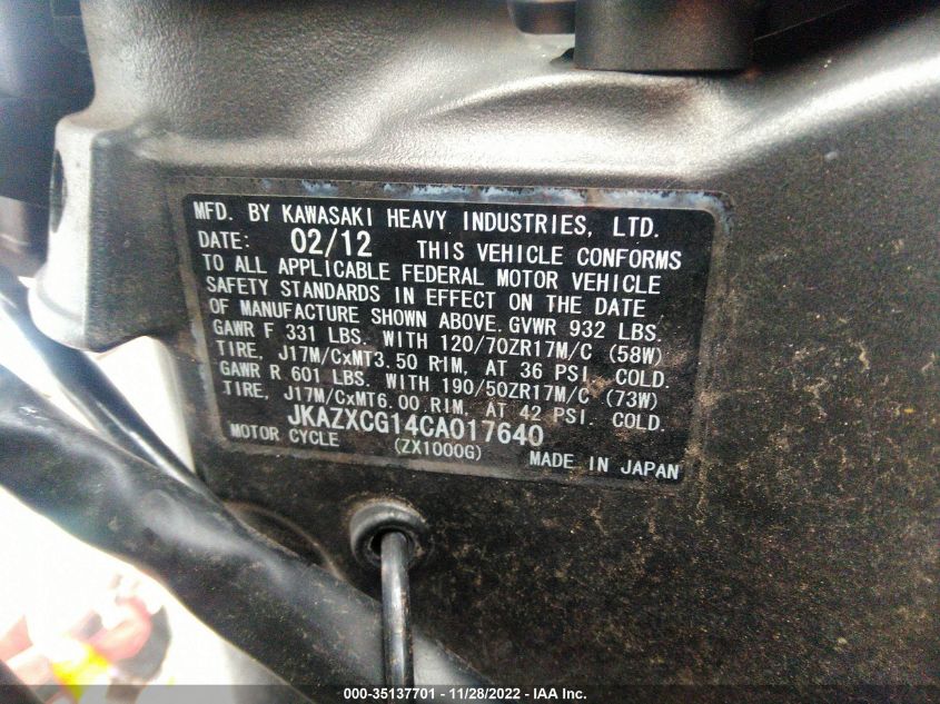 2012 KAWASAKI ZX1000 G JKAZXCG14CA017640
