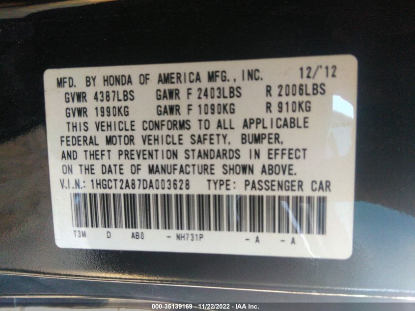 2013 HONDA ACCORD CPE EX-L 1HGCT2A87DA003628