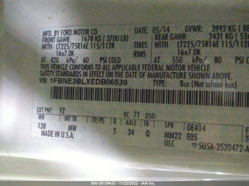 2014 FORD ECONOLINE WAGON XL/XLT 1FBNE3BLXEDB06539