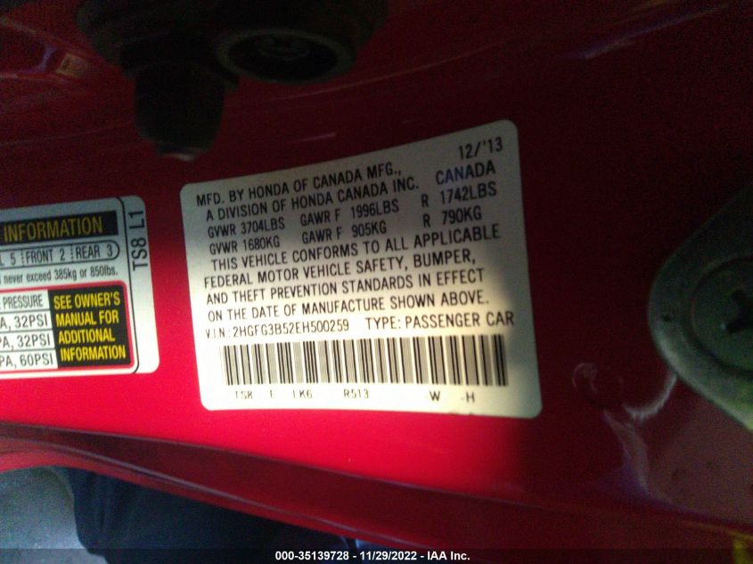 2014 HONDA CIVIC COUPE LX 2HGFG3B52EH500259