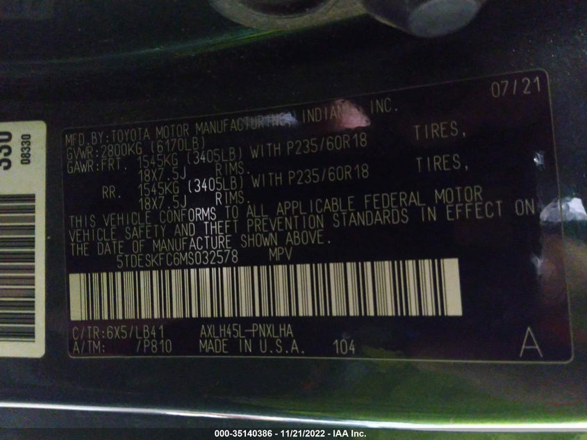VIN: 5TDESKFC6MS032578 2021 TOYOTA SIENNA LIMITED/PLATINUM