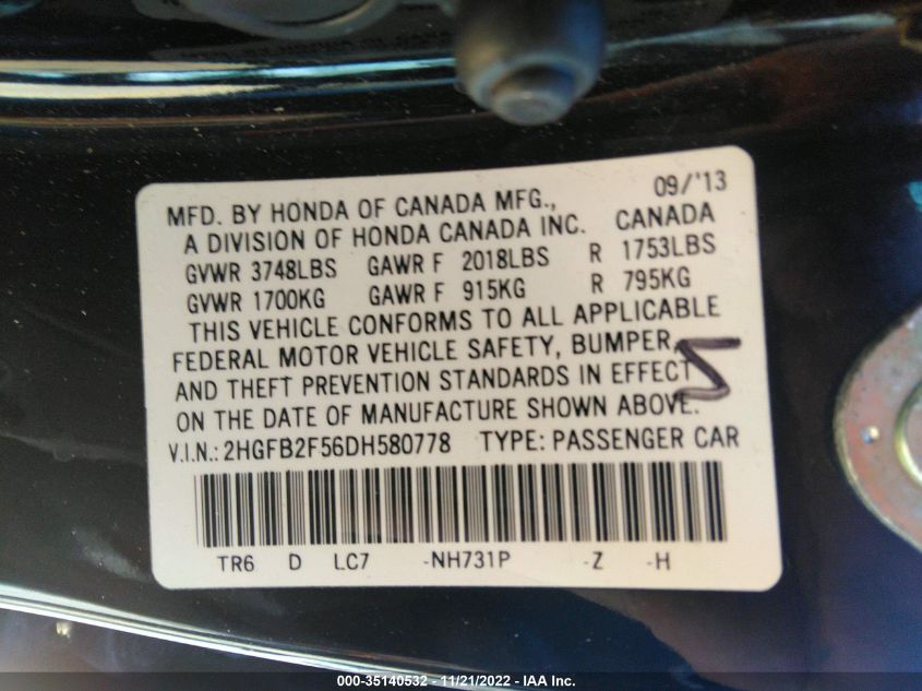2013 HONDA CIVIC SDN LX 2HGFB2F56DH580778