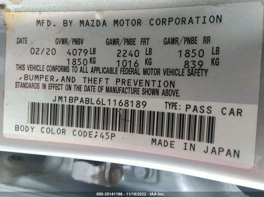 VIN JM1BPABL6L1168189 2020 MAZDA MAZDA3 SEDAN