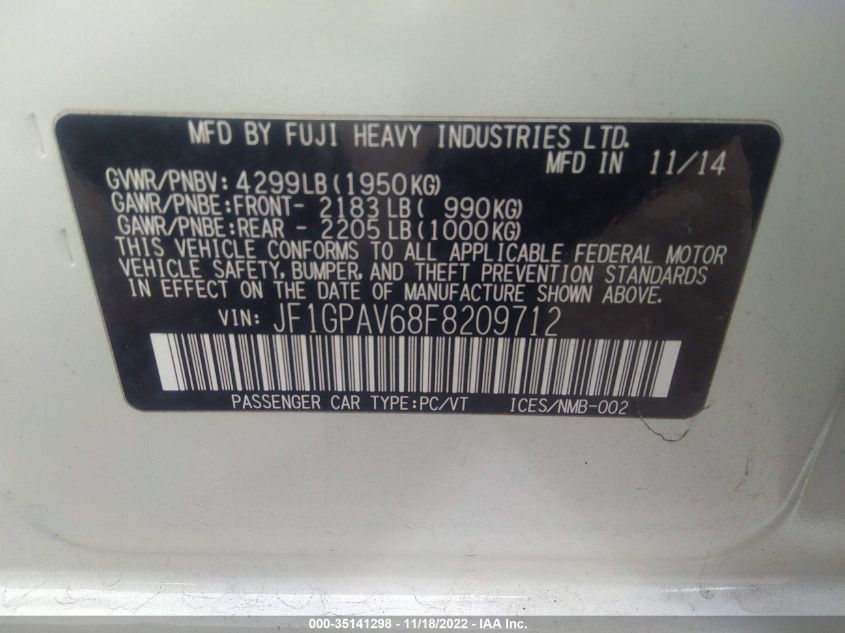 2015 SUBARU IMPREZA WAGON 2.0I SPORT LIMITED - JF1GPAV68F8209712