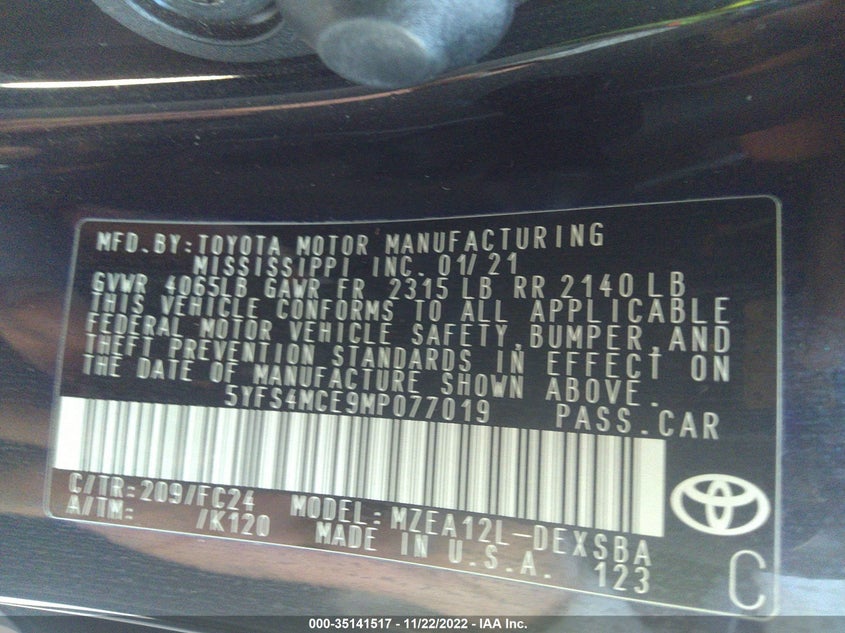 VIN 5YFS4MCE9MP077019 2021 TOYOTA COROLLA SE/NIGHTSHADE/APEX SE