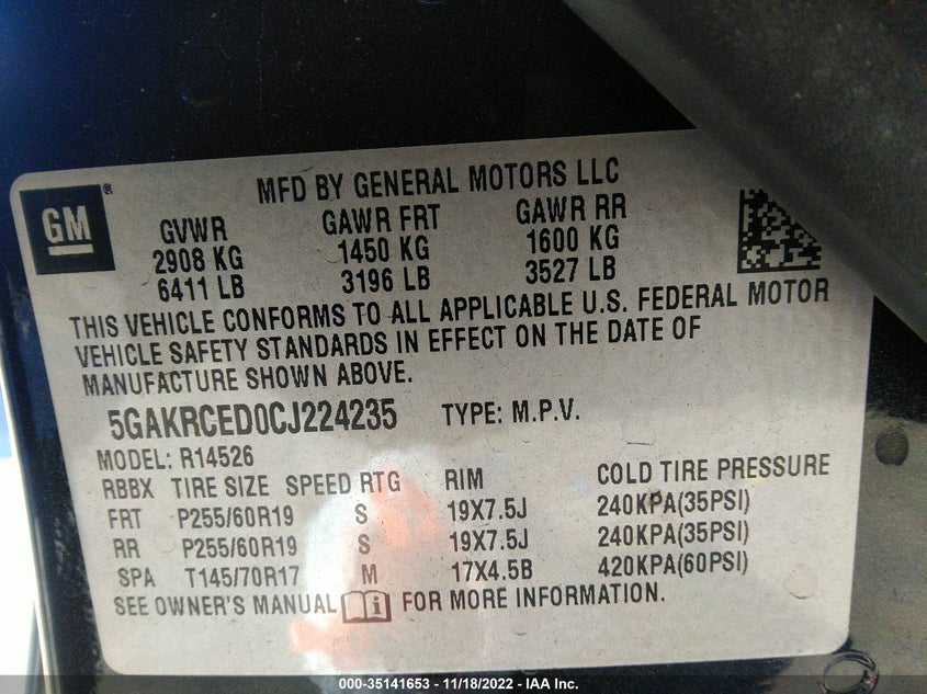 2012 BUICK ENCLAVE VIN: 5GAKRCED0CJ224235