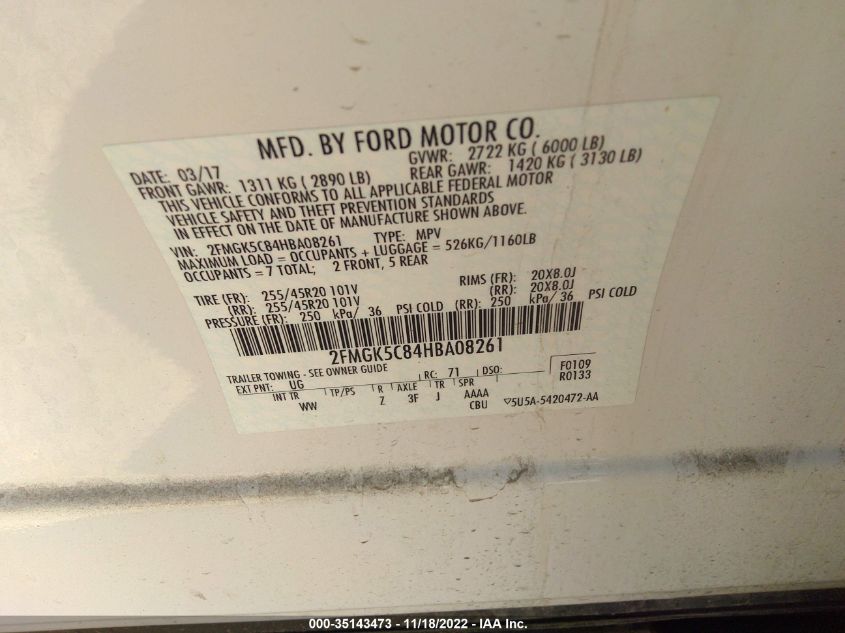 2017 FORD FLEX SEL 2FMGK5C84HBA08261