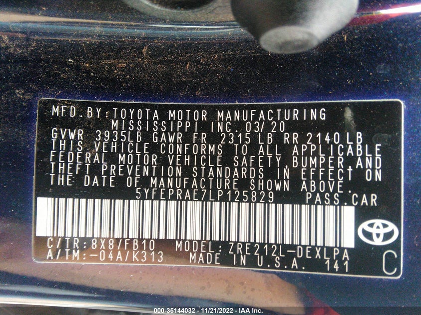 VIN 5YFEPRAE7LP125829 2020 TOYOTA COROLLA LE