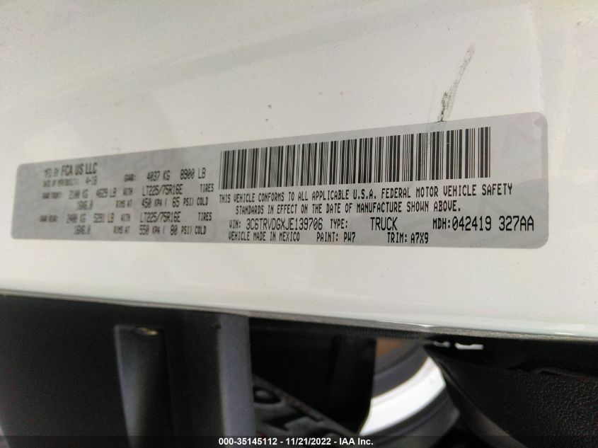 2018 RAM PROMASTER CARGO VAN 3C6TRVDGXJE139706