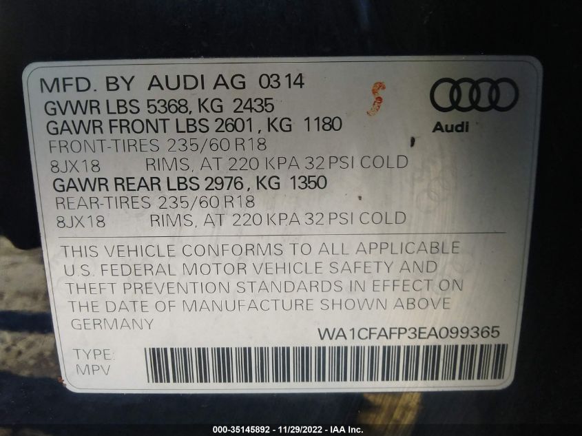 2014 AUDI Q5 PREMIUM WA1CFAFP3EA099365