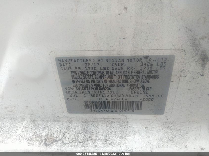 2017 NISSAN VERSA SEDAN SL 3N1CN7APXHL849234
